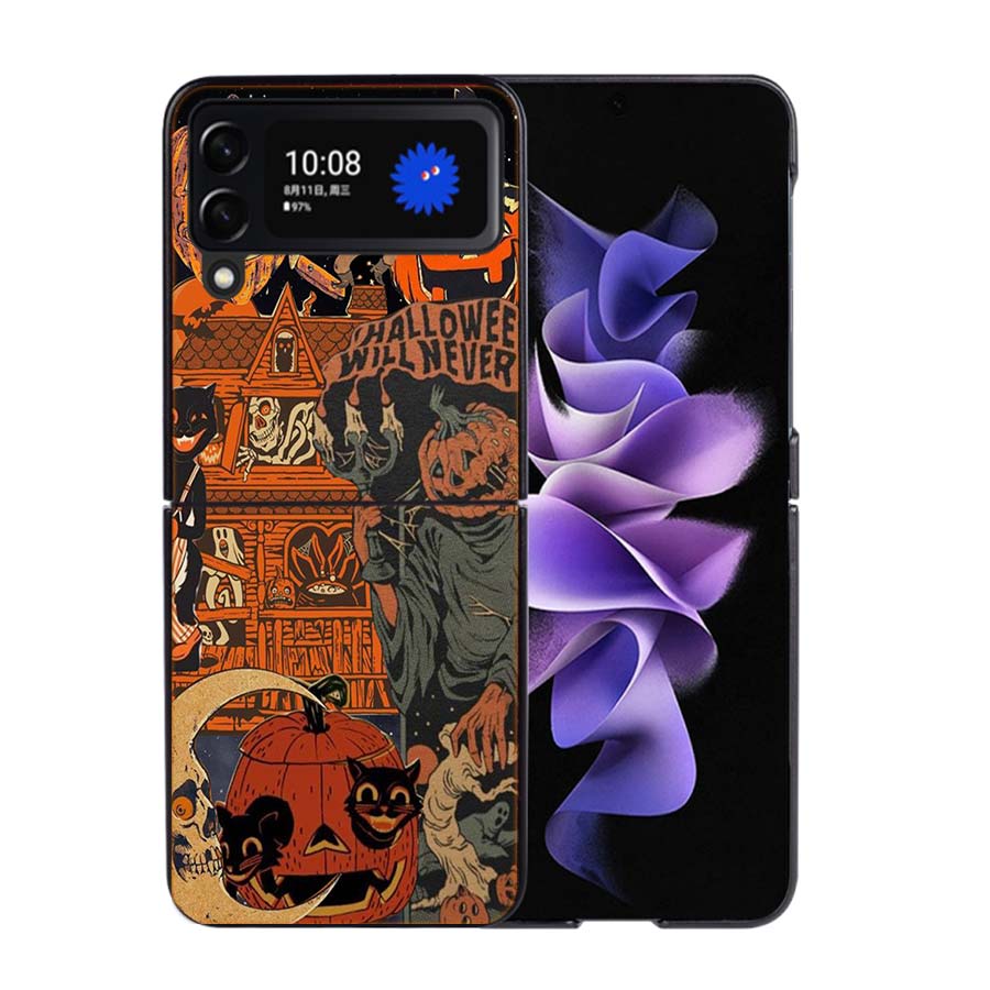 Halloween Herbst Kunst Hexe Katze Handyhülle Für Samsung Z Flip 7 6 5G Galaxy Z Flip4 Z Flip5 Z Flip3 Hülle Schwarze Harte PC Schale Prote