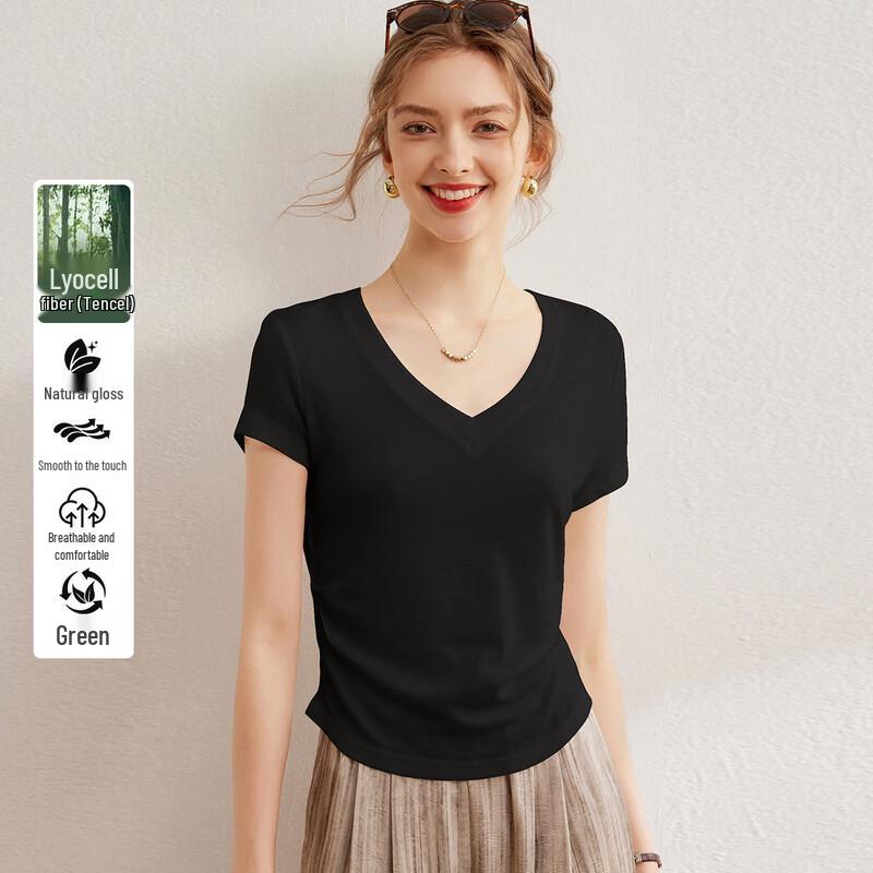 Bailuyu Women's Solid V-Neck Short Sleeve T-Shirt with Wool-Tencel Blend