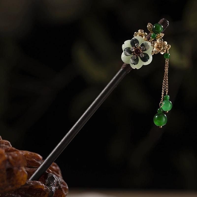1Pc Wooden Hairpin Headwear for Women'S Chinese Flower Tassel Hair Sticks Headdress Elegant Hair Styling Accessories Gifts
