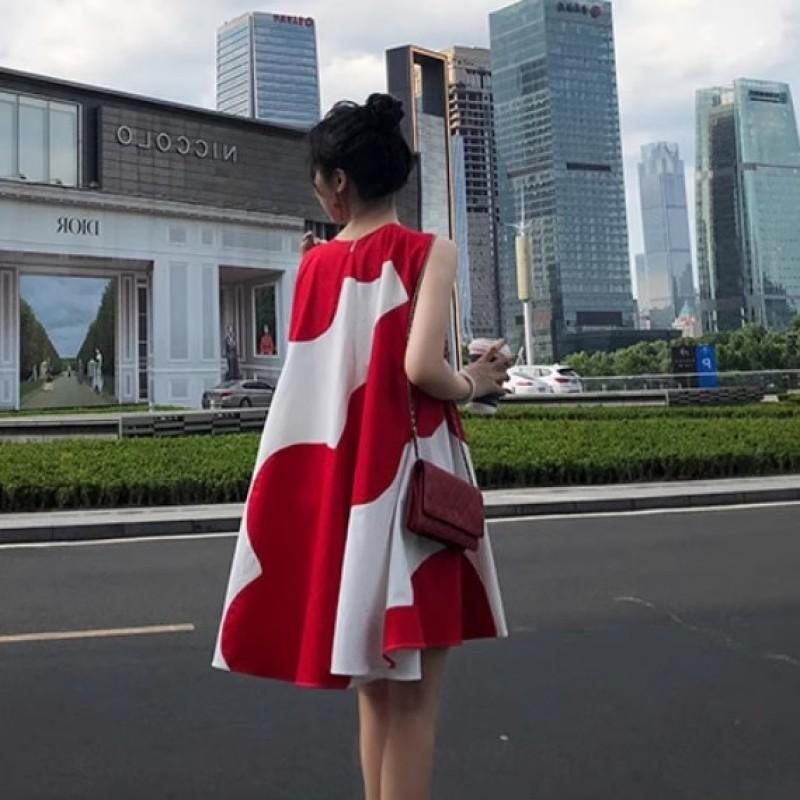 Dress Summer Korean Xiaoxiangfeng Loose Red Doll Dress Fluffy Beach Vest Dress Women's Summer Dress
