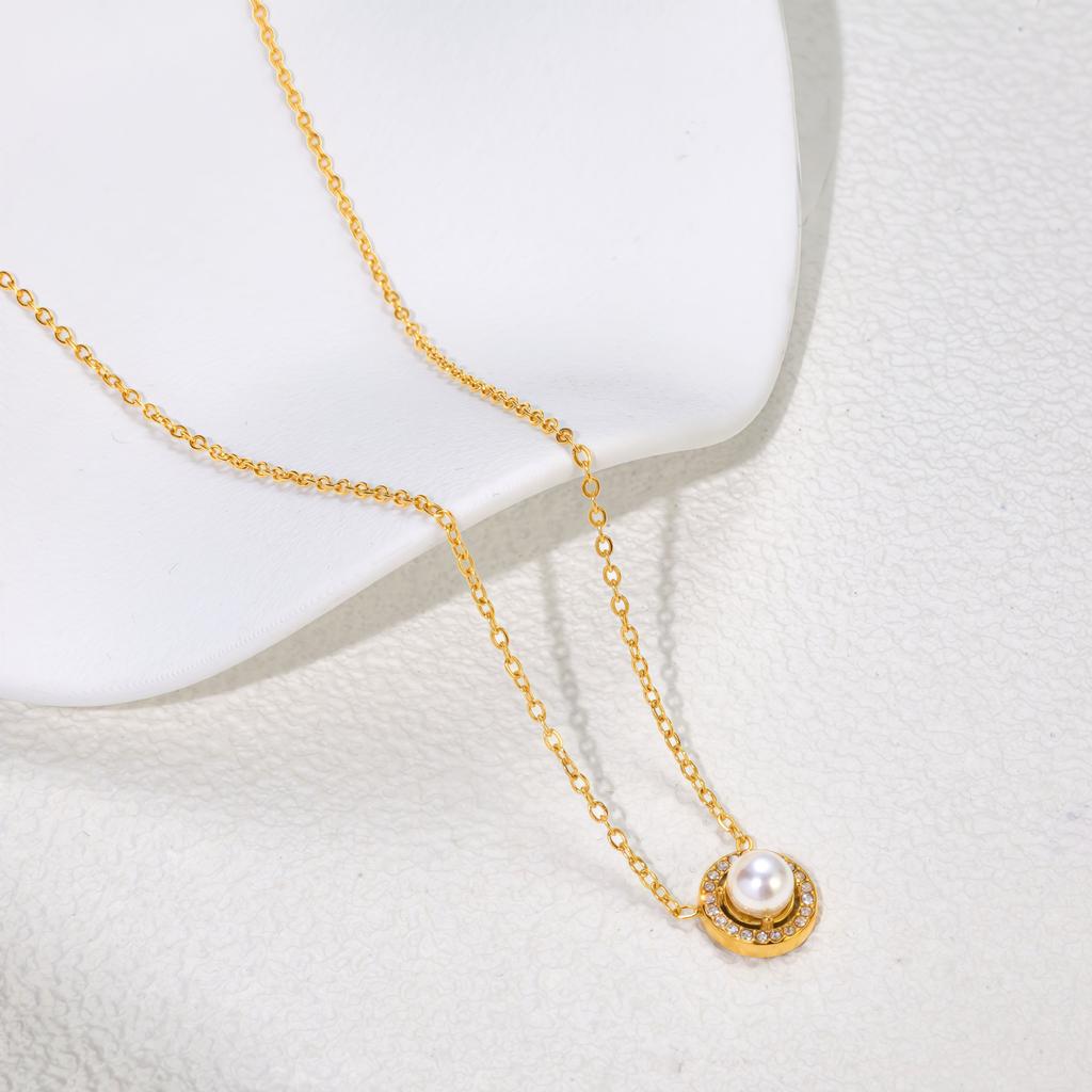 Korean Gentle Pearl Full Diamond Necklace Super Flash Titanium Steel Necklace Women Do Not Fade Summer Versatile Gift