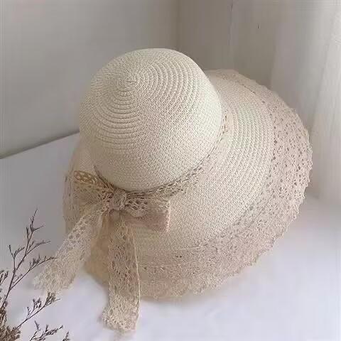 Hollow edge lace bow fashion seaside vacation bucket hat women outdoor sun protection straw hat sun hat summer