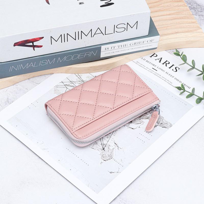 Genuine Leather Women's Change Purse Fashionable Style Rhomboid Plaid Short Wallet Multi-card Card Bag