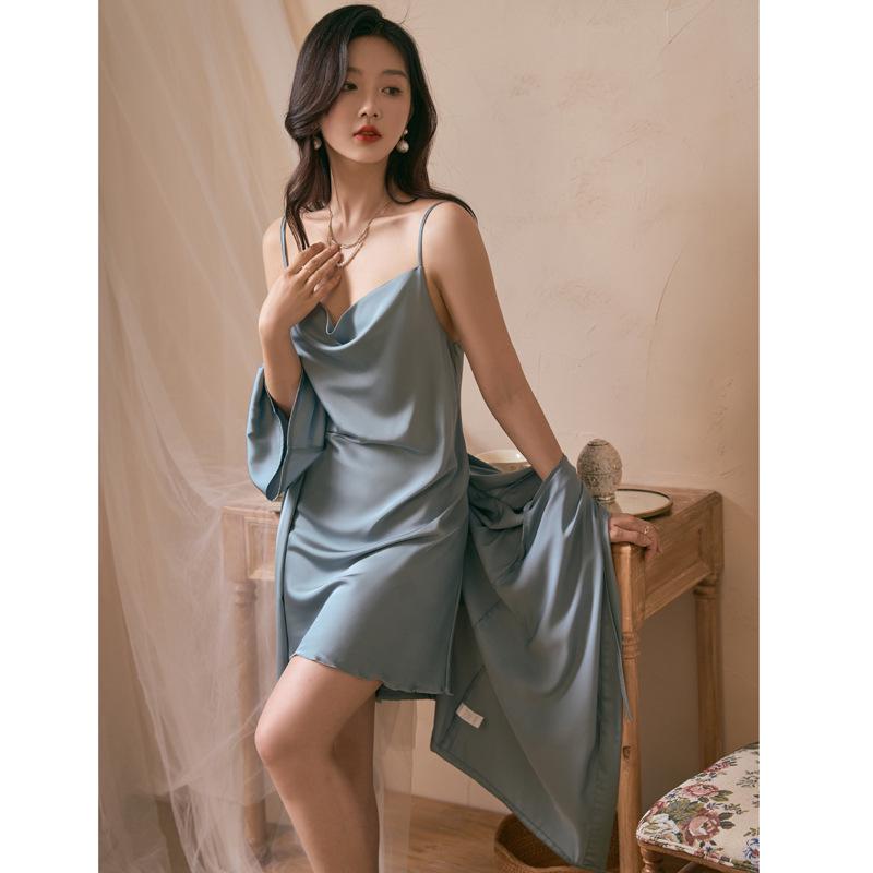 Ice Silk Long Sleeve Robe & Low-Cut Camisole Set - Spring/Summer Women's High-End Pajamas