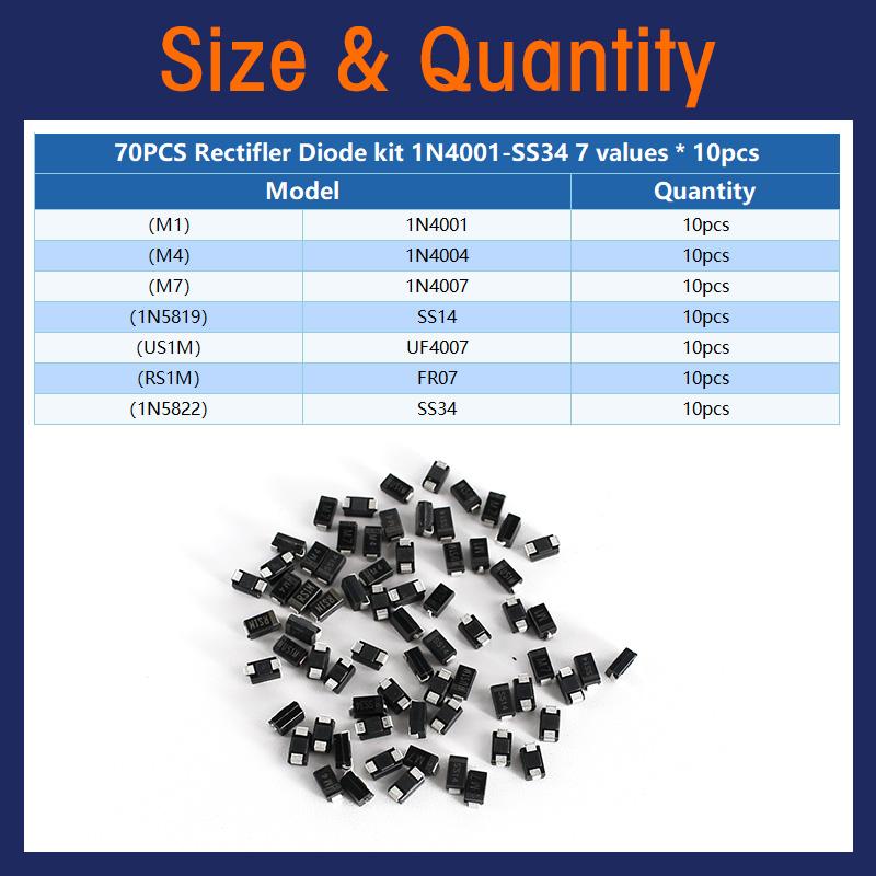 70/90pcs SMD Diode SMA 1N4001 1N4004 1N4007 SS14 SS24 SS34 SS16 SS26 SS36 Rectifier Diodes Circuit Board IC Assort Kit