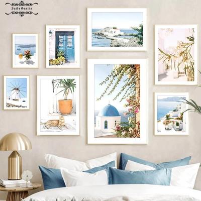 Błękitne drzwi oceanu wiatrak egejska sceneria obraz ścienny na płótnie Santorini plakat i druki zdjęcia ścienny do wystrój salonu