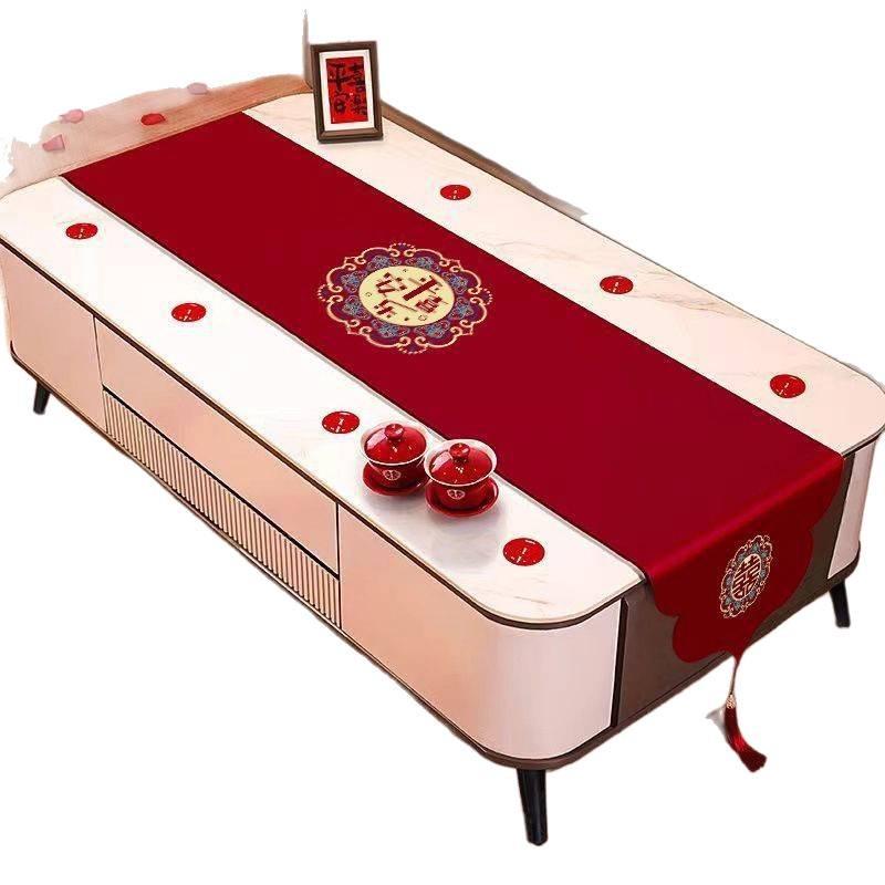 Red Double Happiness Wedding Table Runner - Chinese Dining Table & TV Cabinet Festive Decoration