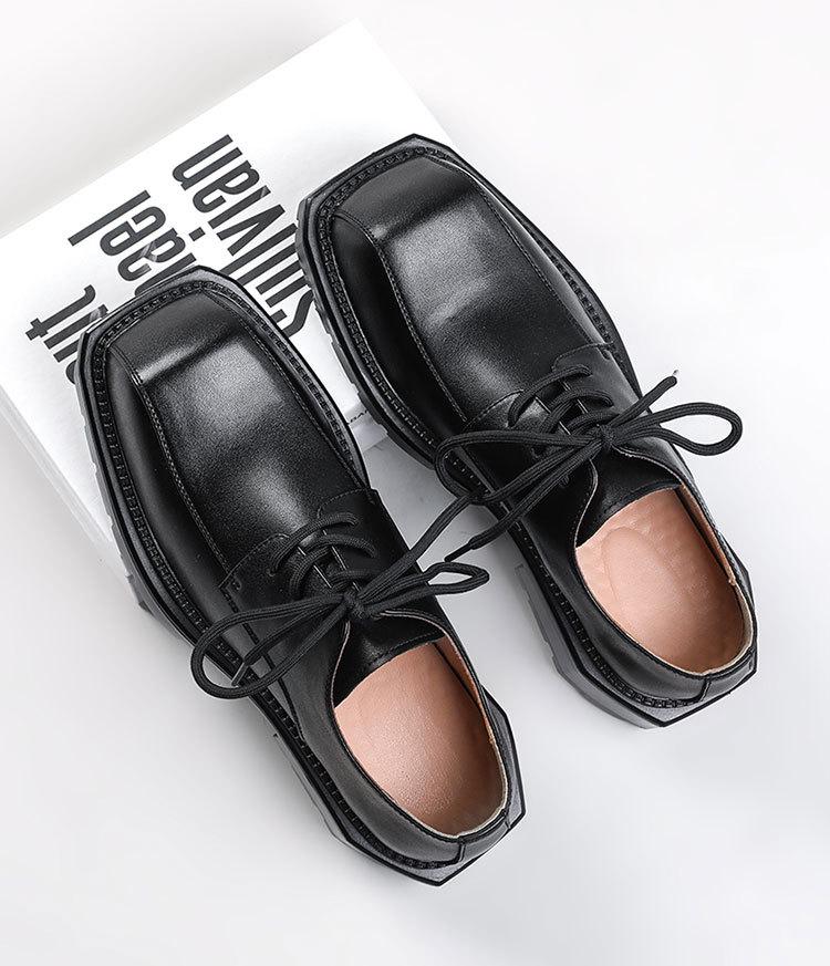 Fashion Mens Casual Leather Derby Shoes Men's Square Toe Trendy Personalized Designer Shoe Men Lace-up Thick Sole Heightened Shoes