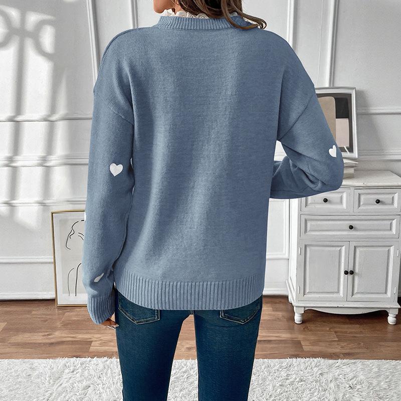 2026 Autumn/Winter Women's V-Neck Heart Pattern Sweater - Casual, Comfortable, Versatile for Dating
