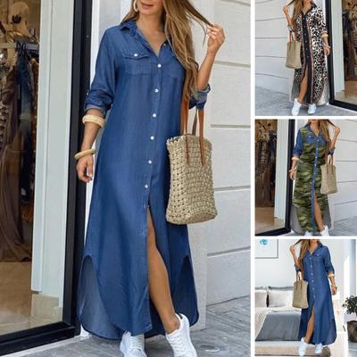Women Spring Summer Dress Split Irregular Hem Long Sleeves Leopard Print Single-breasted Dress-up Turn-down Collar Camouflage Print Plus Size Maxi