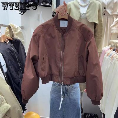 Spring and Autumn Stand Up Collar Casual Loose Short Style Baseball Jacket Solid Color Coat for Women