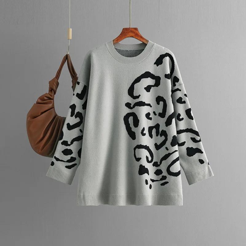 Sweater Women Leopard Printed Pullovers Loose Long Sleeve O-Neck Knitted Jumpers Warm Basics Autumn Winter Fashion Tops