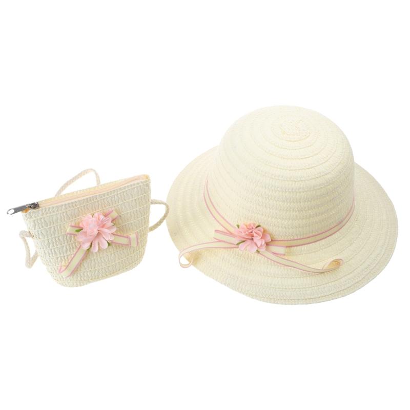 Sun Straw Hat Kids Girls Large Wide Brim Travel Beach Cap Sweet Flower Bowknot Sun for Protection Hat with Shoul