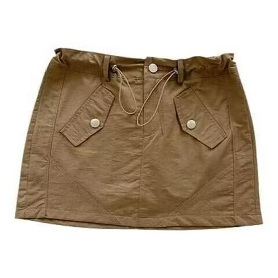 Women's High Waist Gray Workwear Mini Skirt with Drawstring Design