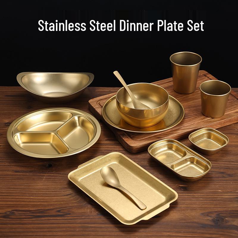 Retro Gold Stainless Steel Tableware Set: Rectangular Plate, Seasoning Dish, Bowl, Water Cup, Chopsticks, Spoon.