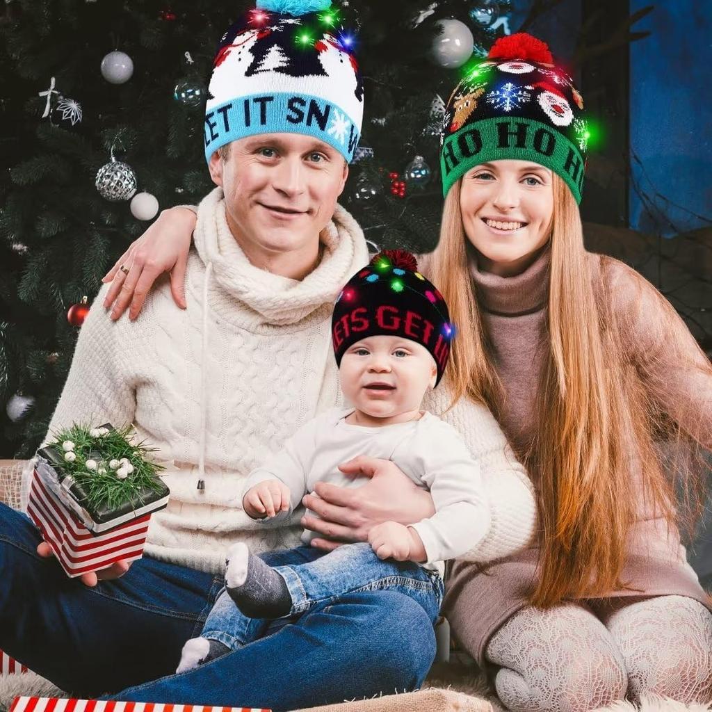 Flashing LED Christmas Beanie Knit Hat Winter Snow Cap Light Up Knitted Cap Holiday Party Favors for Adults