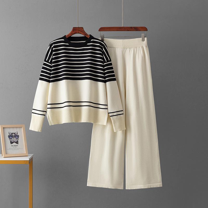 Fall Winter Lazy Wind Loose V-Neck Pulllover Sweater Suit Women's Stripe Long Sleeve Knit Wide Leg Pants Two Piece Set