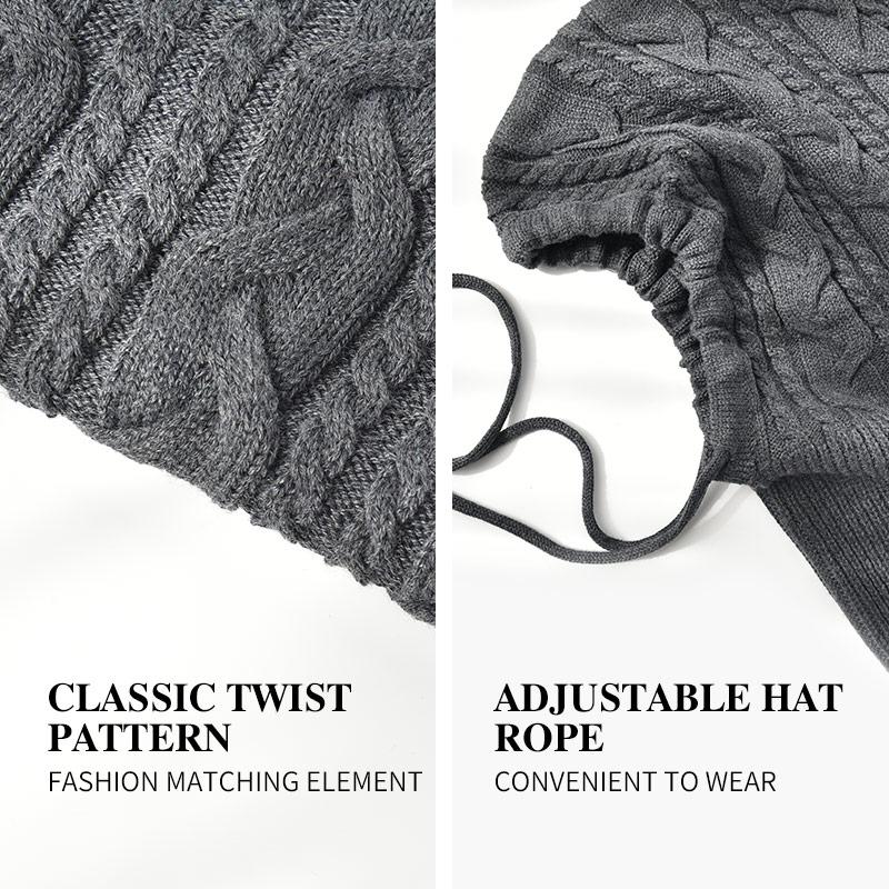 Winter Hooded Scarf Earflap Hat Women  Knitted Beanie Hat With Drawstring  Wool Knit Beanie With Custom Logo