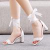 Summer Shoes For Women Sandal Silk 7CM Square Heel Riband Ankle Strap Bride Wedding Women's Shoe Ivory Evening Dress Pumps