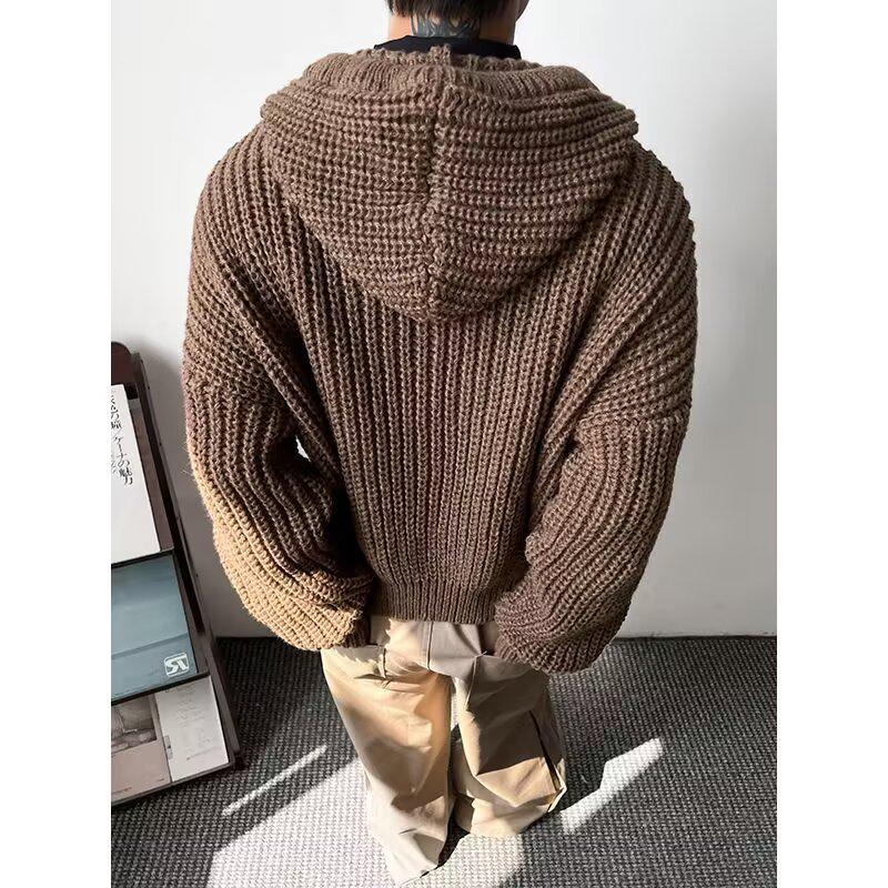 Men's Retro Chunky Knit Cardigan: Versatile Japanese Jacquard Sweater with Big Pockets.