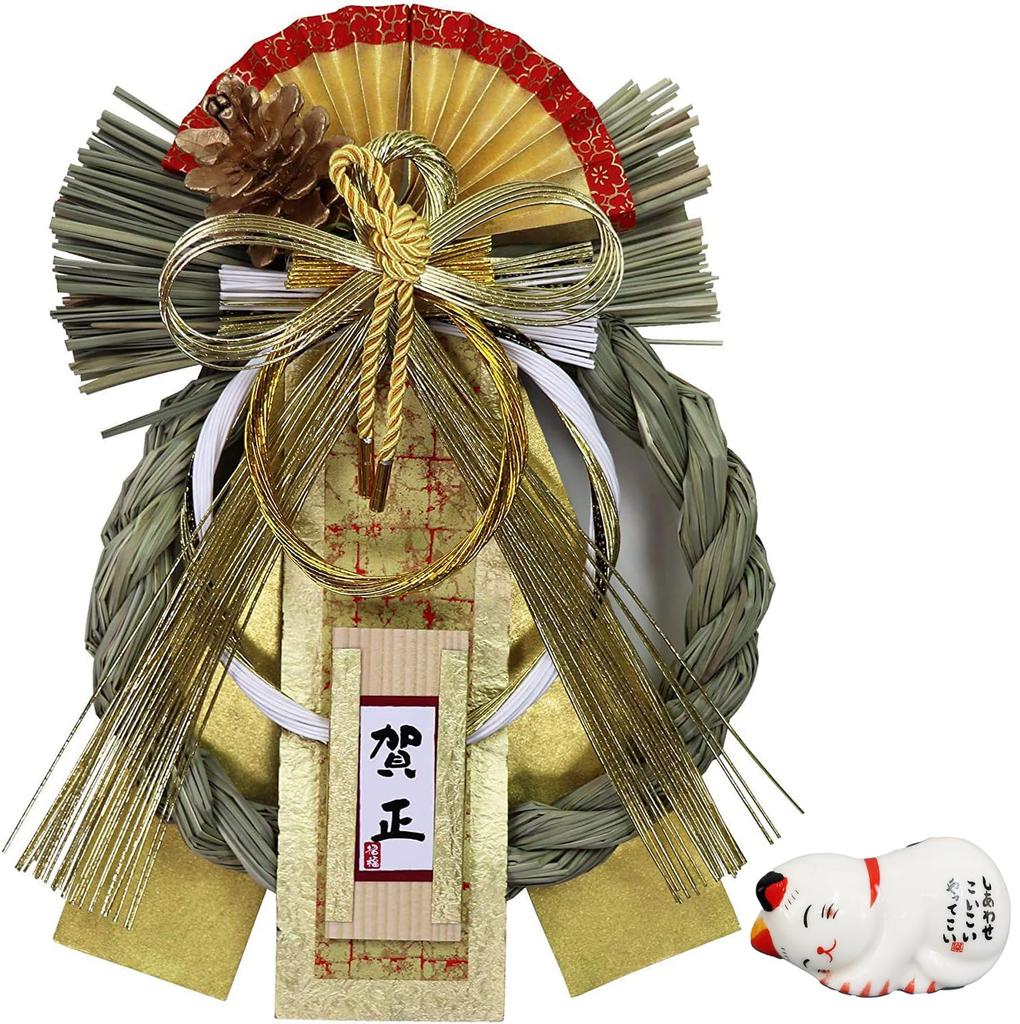 Osaka Choseido New Decoration for the Modern and Stylish Shimenawa Wreath with Approximately 26cm Gold Satin Includes Bonus Maneki Neko Chopstick Rest