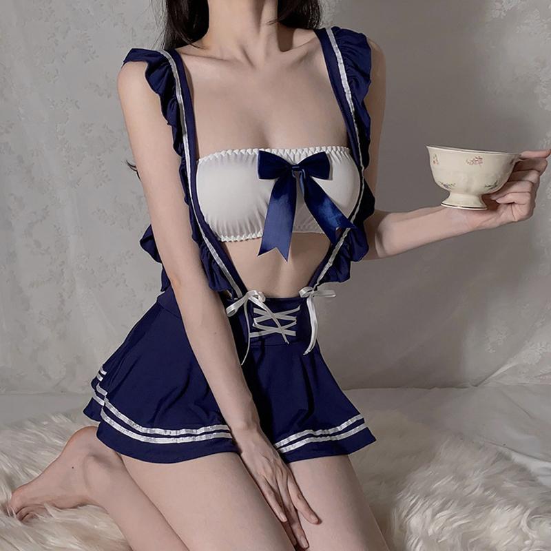 Erotic Underwear Sexy Off-shoulder Crop Top With Cut-out And Sheer JK Uniform Bow-backless Role-playing Costume Seductive Set