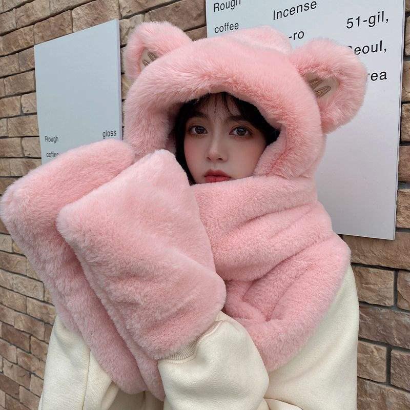Women's Cute Bear Hooded Scarf Set: Plush Hat, Neck Warmer, and Gloves for Winter