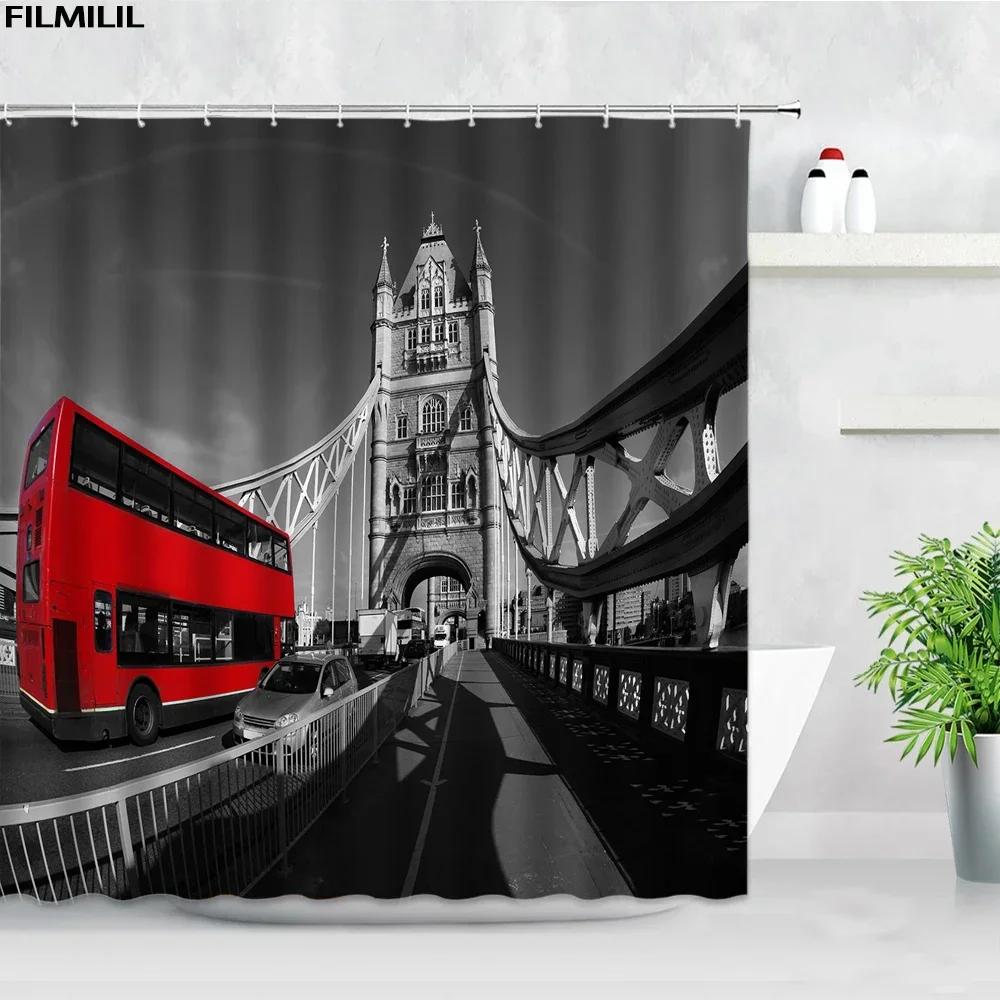London Street View Shower Curtains Big Ben Red phone Booth Bus Printing Retro Wall Decor Cloth Screen Hooks Bathroom Curtain Set