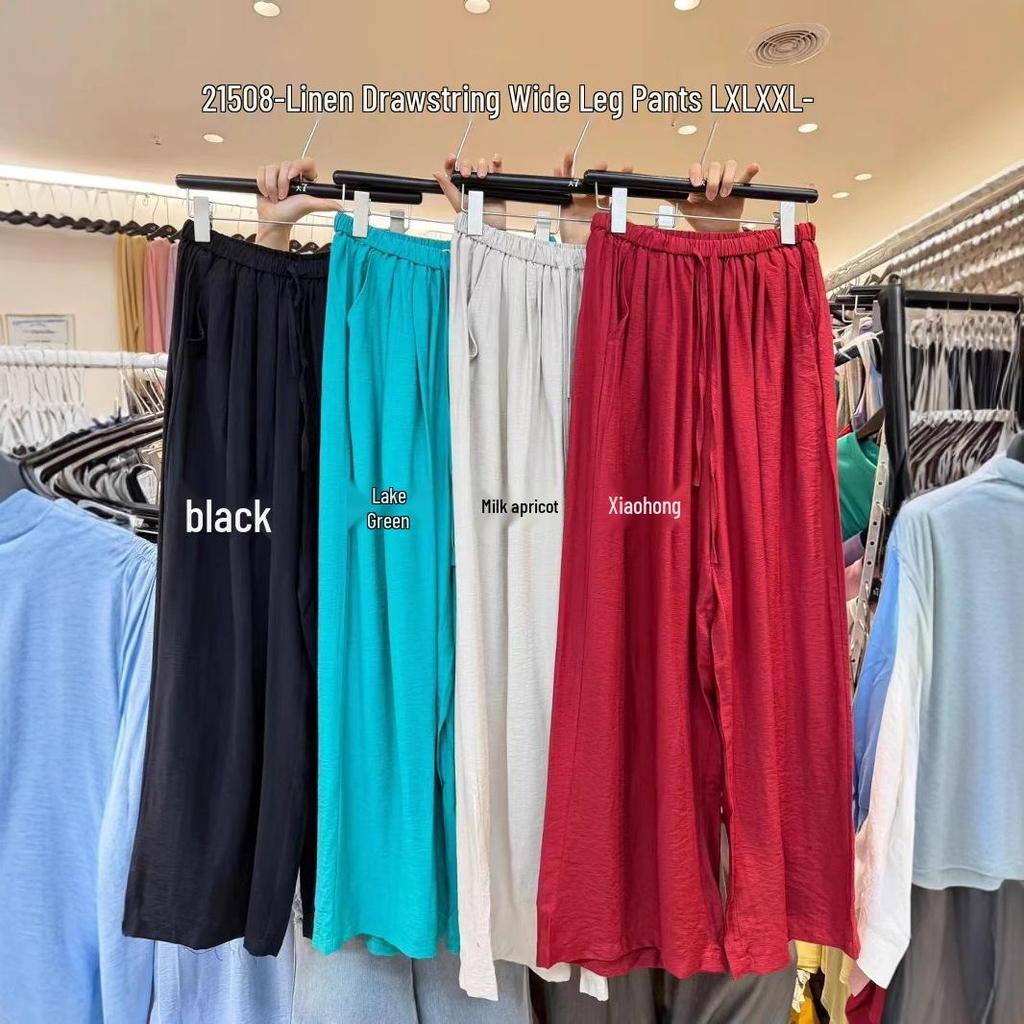 Da7 Women's Summer Plus Size High Waist Elastic Drawstring Wide-Leg Pants