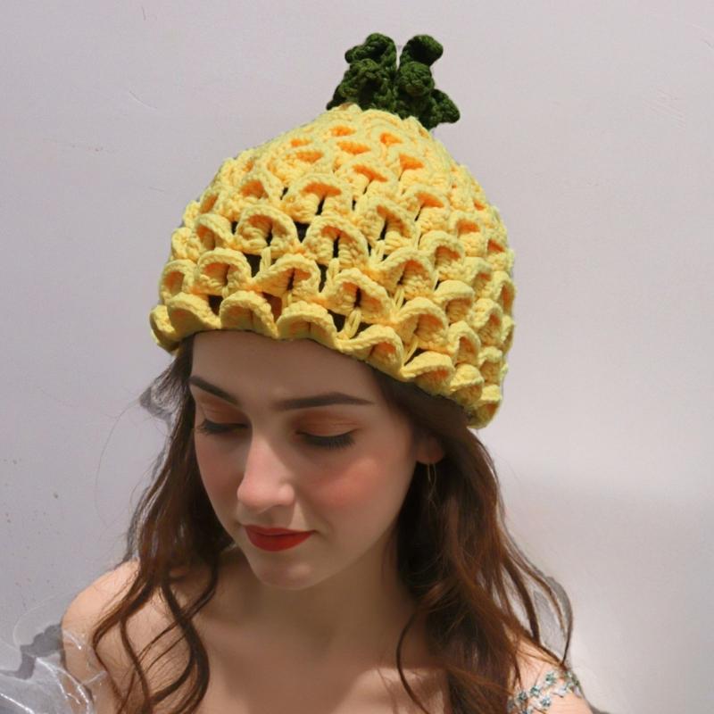 Kreativer Häkelhut im 2000er-Jahre-Stil, weicher Strickhut mit Fruchtmotiv, ohne Krempe, für Damen und Teenager, Alltagskleidung, Winterkopfbedeckung