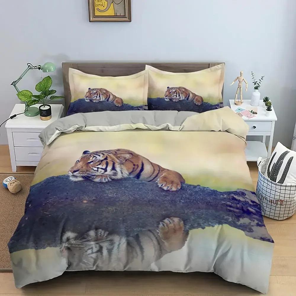 Tiger Duvet Cover Set King Size Wild Theme Bedding Set Animal Pattern Comforter Cover Animal Theme Sunset Polyester Quilt Cover
