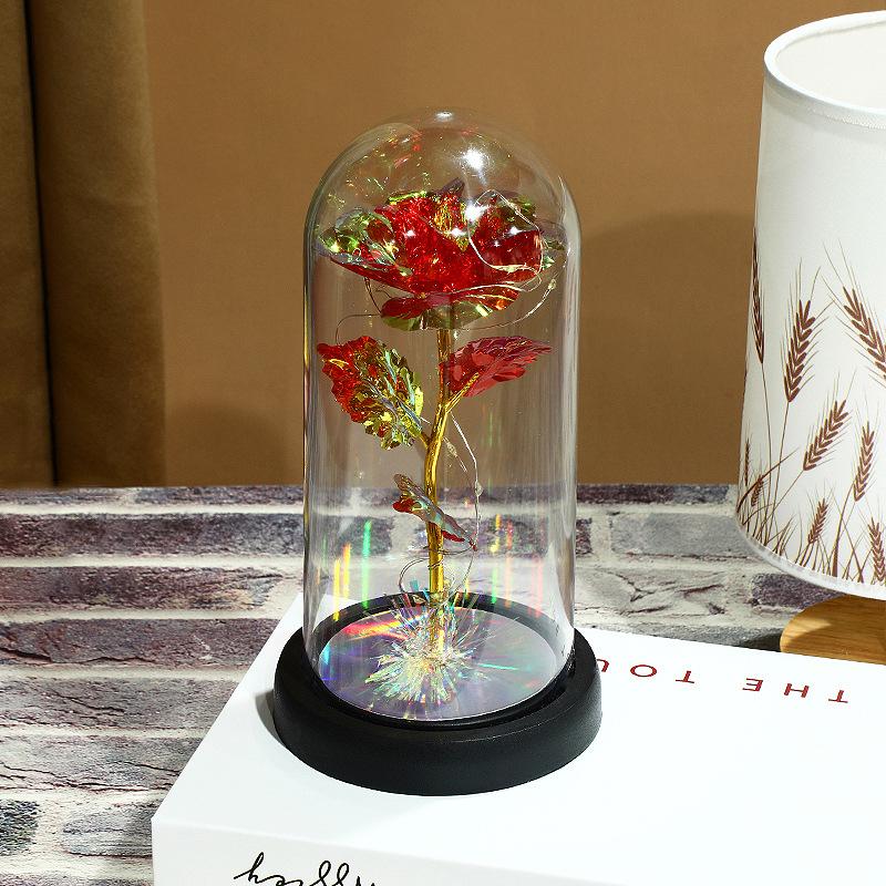Valentine's Day Immortal Flower Glass Cover Colorful Rose Led Light Desktop Ornament, Birthday Gift Spot