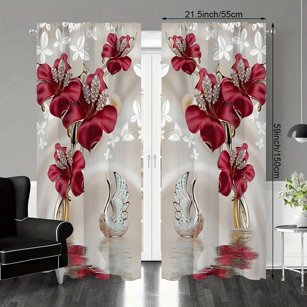 2pcs Rod Pocket Floral Printed Curtains, Window Drapes for Bedroom Living Room, Home Decoration, Room Decoration