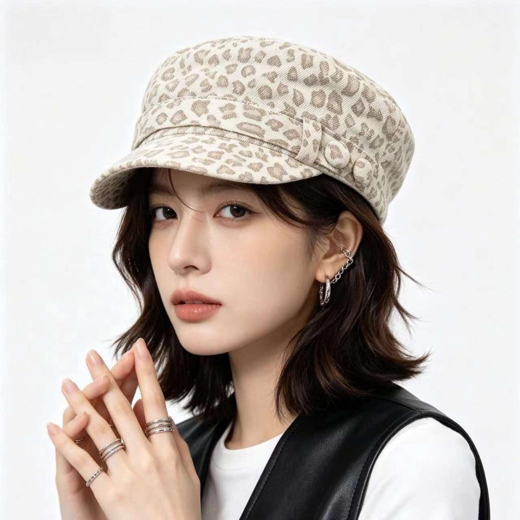 Retro and old leopard print duck tongue equestrian hat women's niche fashionable beret showing small face big head circumference newsboy hat
