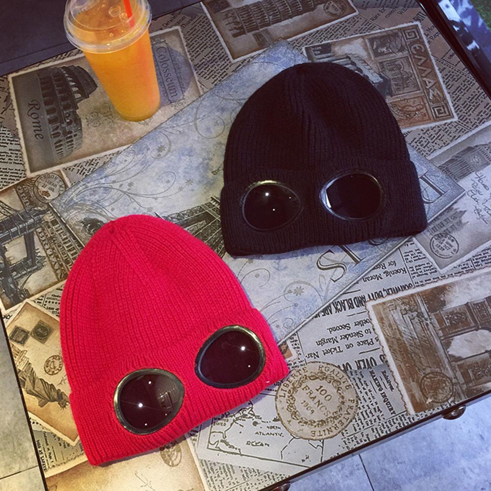 Warm Woolen Yarn Skiing Hat with Fake Windproof Glasses Stylish Knitted Cap New Year Christmas Gift