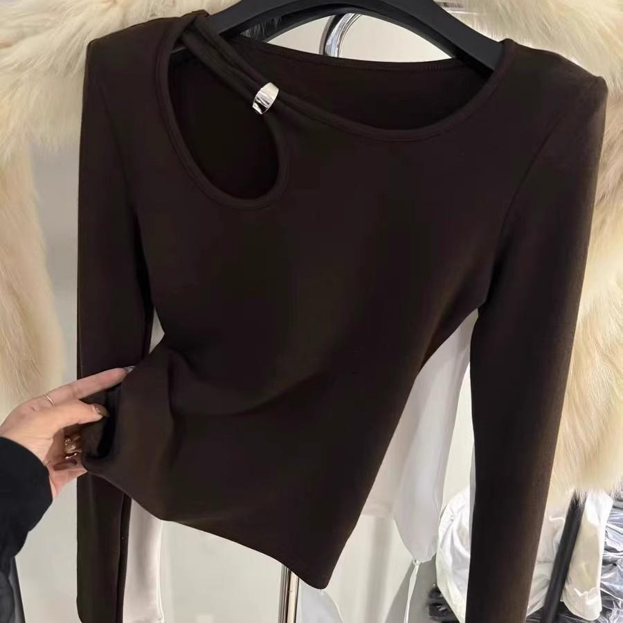 260g Cotton Hollow Out Long Sleeve Women's Slim Fit T-shirt for Spring/Autumn.