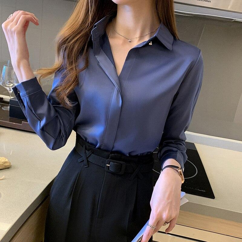 Silk Shirts Women White Shirt Women Long Sleeve Shirts Blouse Office Lady Satin Silk Blouse