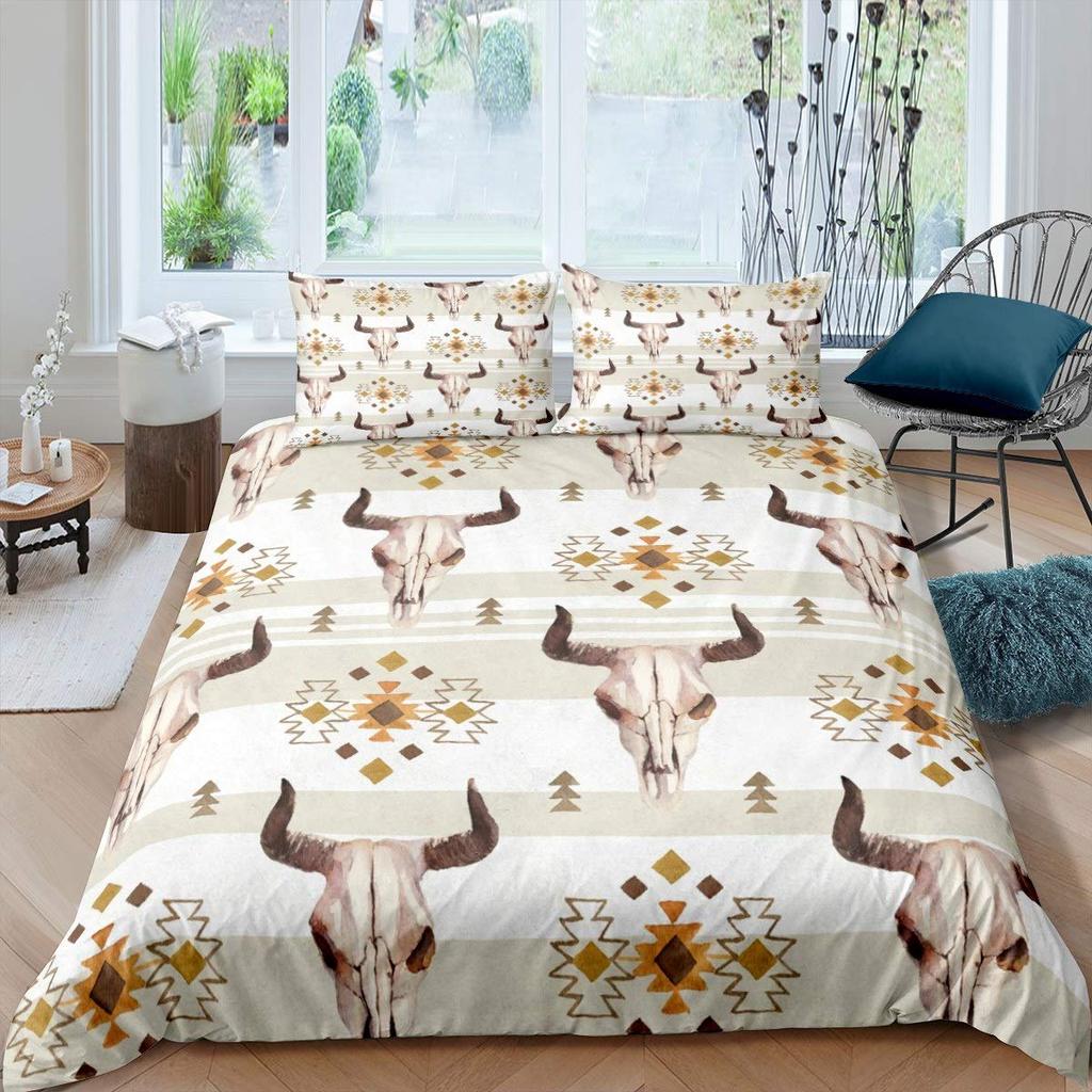 Bull Skull Duvet Cover Set Boho Chic Feather Bedding Set Bohemian Exotic Branches Flower For Teens Microfiber King Quilt Cover