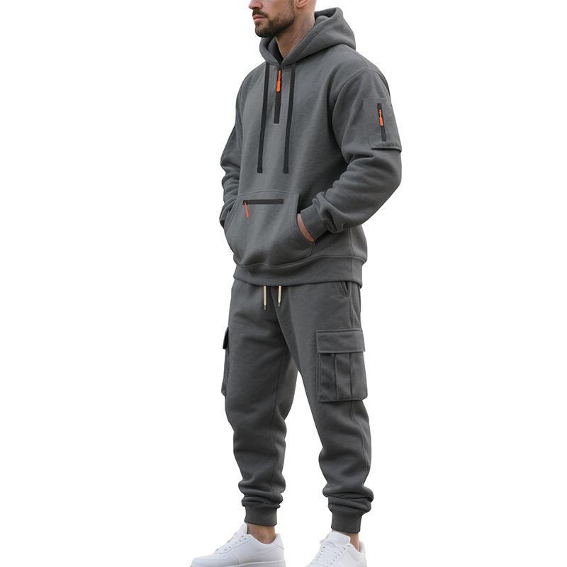 Mens Warm Thick Multiple Pockets Hooded Sweatshirt And Cuffed Sweatpants Two Piece Sports Set