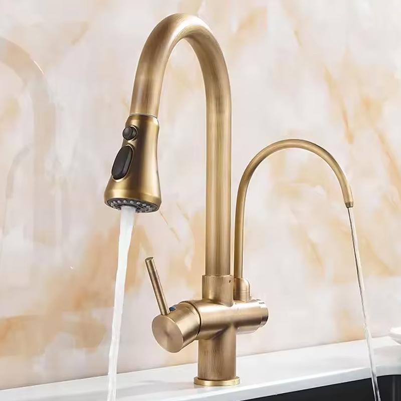 Antique Brass Pull-out Kitchen Faucet Water Purifier Sink Faucet 360° Rotate Hot Cold Drinking Water Filter Kitchen Mixer Taps