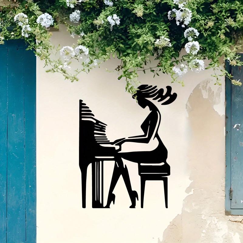 Elegant Piano Player Metal Mural Black Outline Statue Retro Iron Music Room Decor Gift