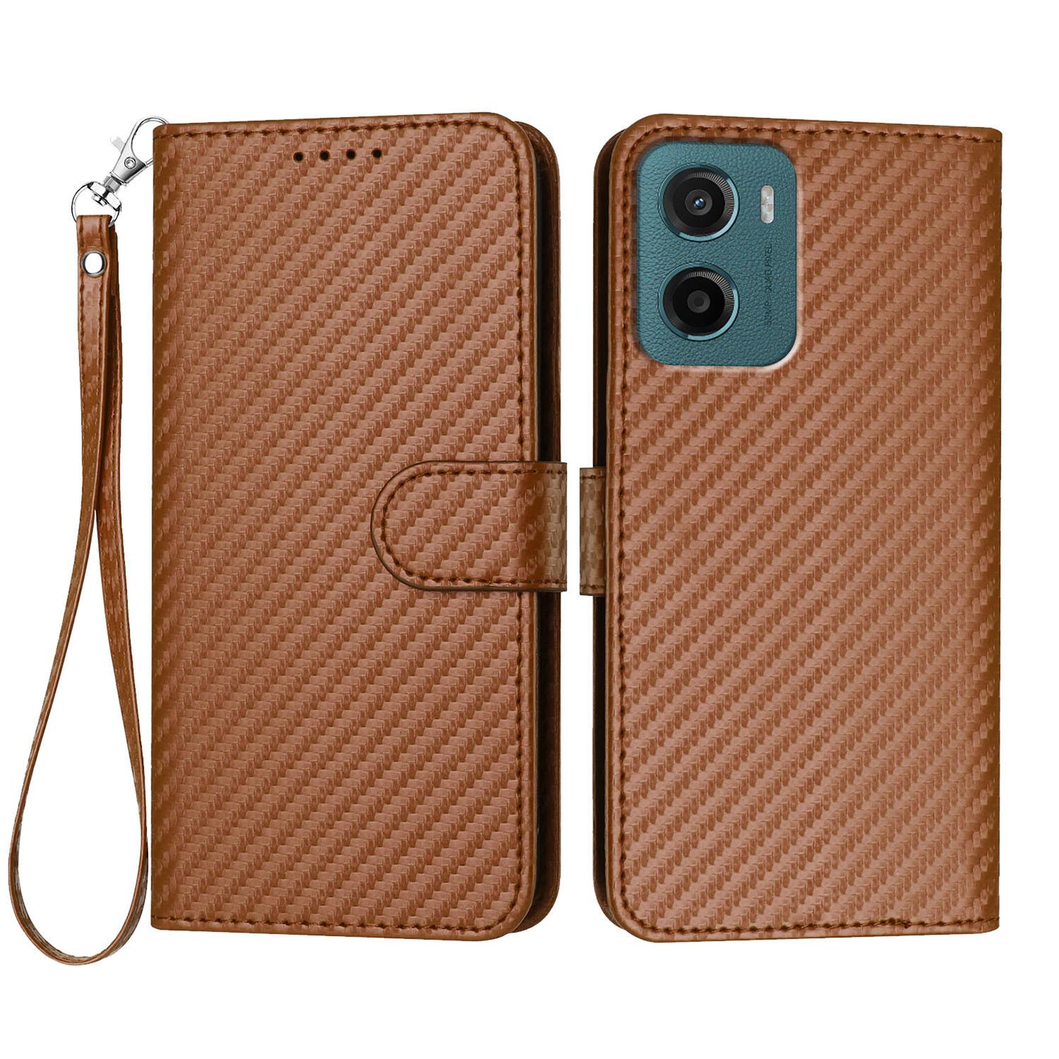 

For Motorola Moto E15 4G/Motorola Moto G05 4G Wallet Case with Strap Carbon Fiber Texture Leather Mobile Cover Coffee