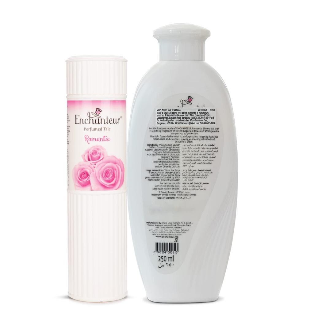 Enchanteur Romantisches Parfüm-Talkum für Damen, 250g & Enchanteur Romantisches Parfüm-Duschgel (Duschgel) für Damen, 250ml mit Rosen & Jasmin Extra