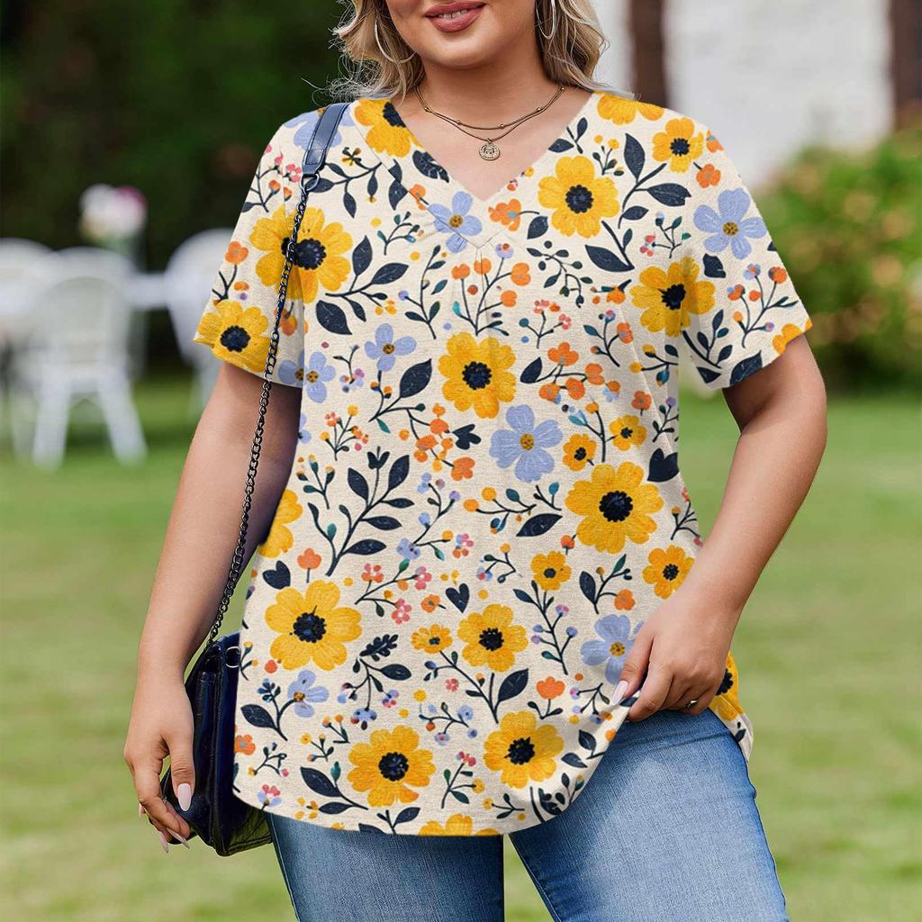 Damska Modna Codzienna Luźna Bluzka Plus Size z Krótkim Rękawem Elegancka z Dekoltem V Do Pracy