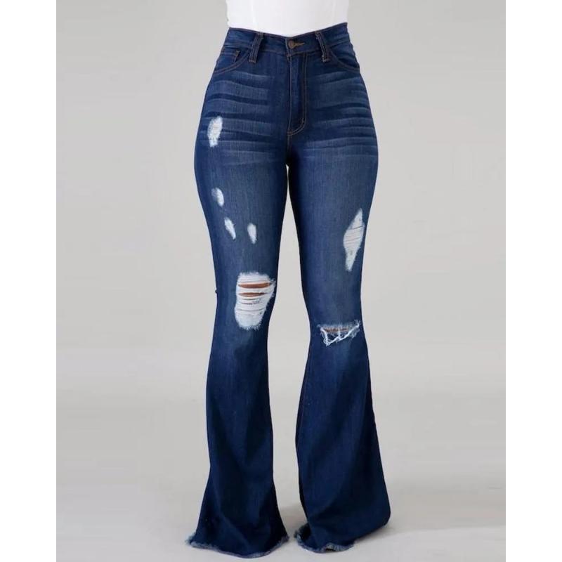 Women Bell Bottom Jeans Elastic Waist Ripped Flared Jean Destroyed Raw Hem Denim Pants
