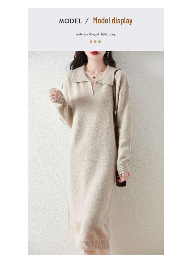 Women's Thickened Wool Polo Neck Long Dress - Autumn/Winter Loose Knit Base Layer 