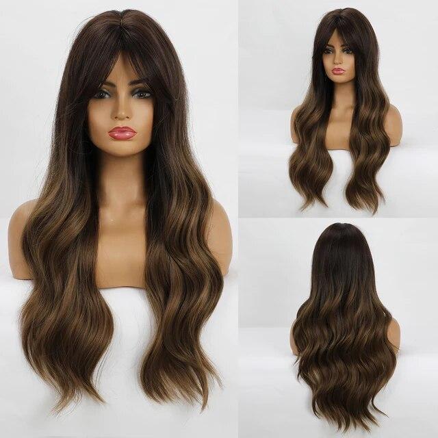 Long Wave Synthetic Wigs Ombre Black Blonde Wig with Side Bangs Heat Resistant Fiber Daily Party Hair Cosplay Wigs for Women