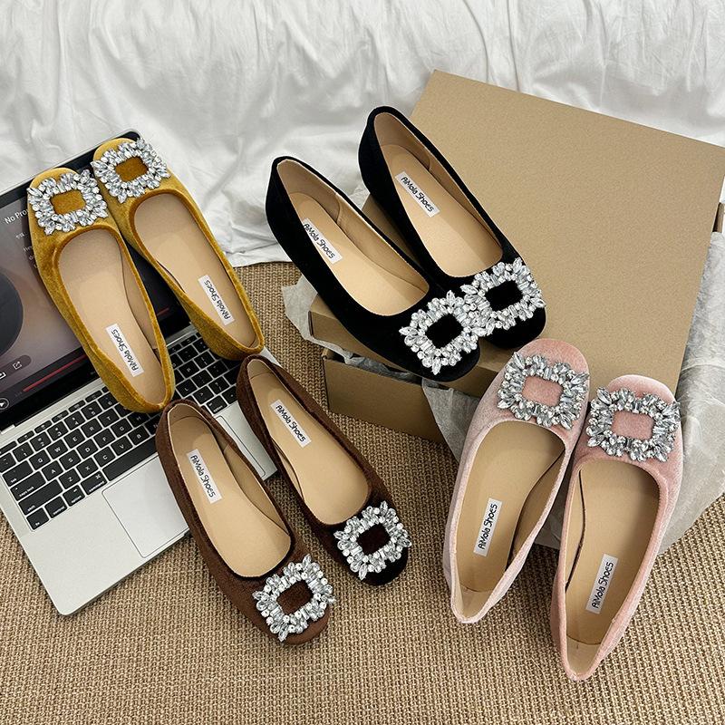 Evening Wind French Small Single Shoes Women'S Spring Rhinestone Square Buckle Shallow Mouth One Pedal Flat Beanie Shoes