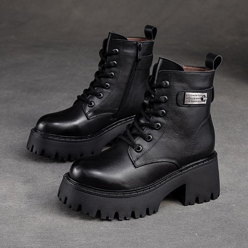 

Fashion GKTINOO Natural Cow Leather Women Shoes Plush Warm Winter Square Med Heel Ankle Boots Lace Up Zipper Ladies Pumps Size 35-40 9