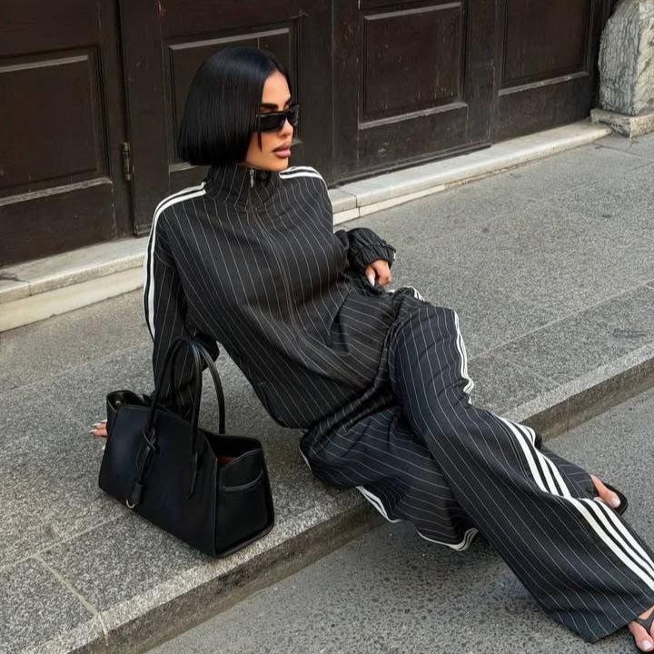 2026 New Striped 3 Stripe Track Suit for Women Zip Up Jacket High Waist Wide Leg Pants 2 Piece Set